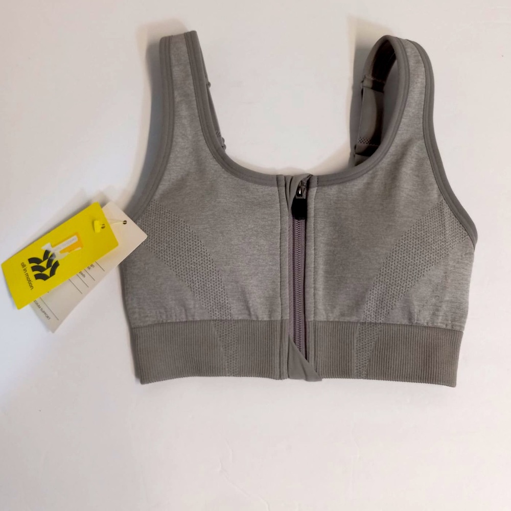 All In Motion Medium Support Light Heather Gray Seamless Front Zip Bra XS